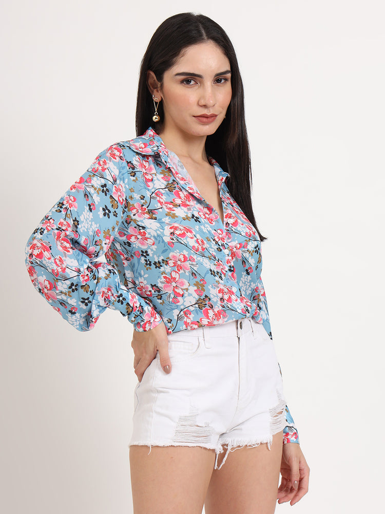 Women'S Luxury Satin Multicolour Regular Length Straight Hem Digital Print Shirt
