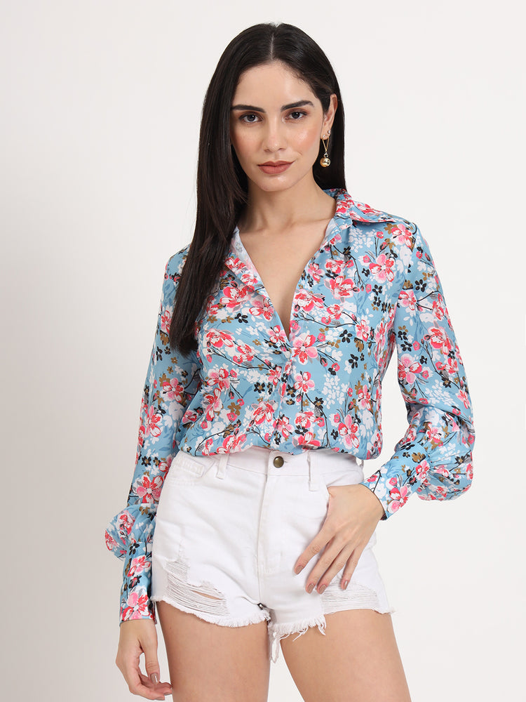 Women'S Luxury Satin Multicolour Regular Length Straight Hem Digital Print Shirt