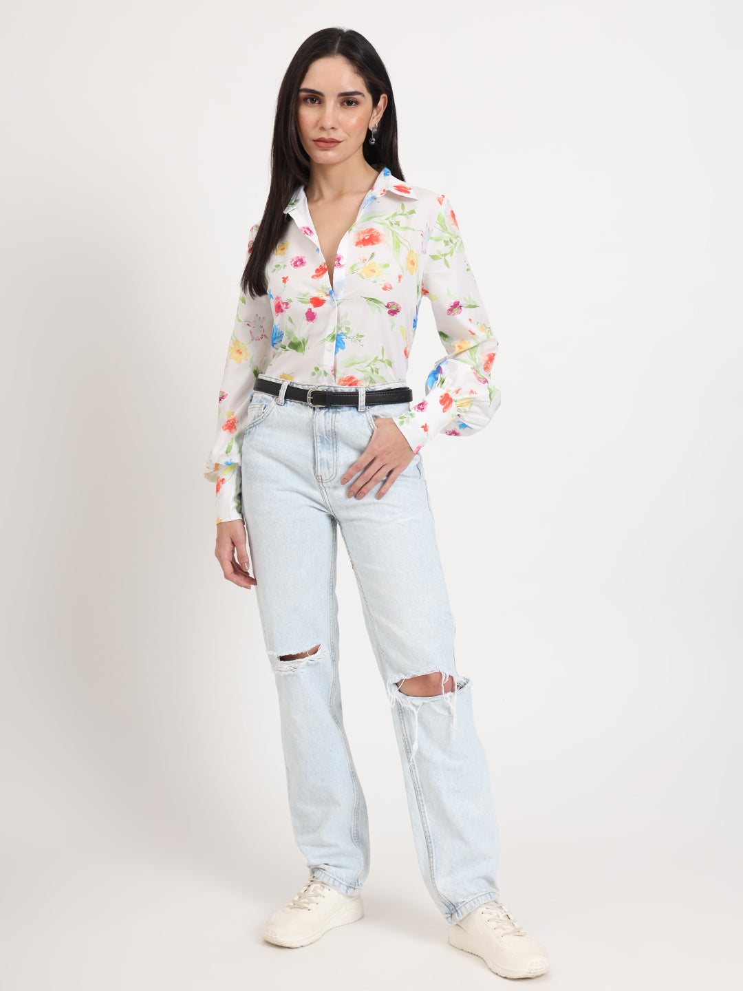 Women'S Premium Micro Multicolour Regular Length Straight Hem Digital Print Shirt
