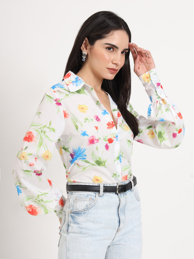 Women'S Premium Micro Multicolour Regular Length Straight Hem Digital Print Shirt