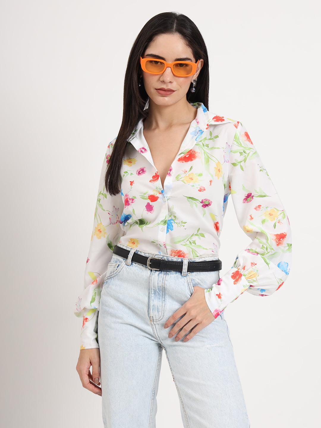 Women'S Premium Micro Multicolour Regular Length Straight Hem Digital Print Shirt