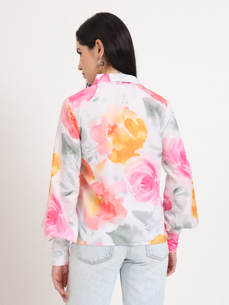 Women'S Premium Micro Multicolour Regular Length Straight Hem Digital Print Shirt