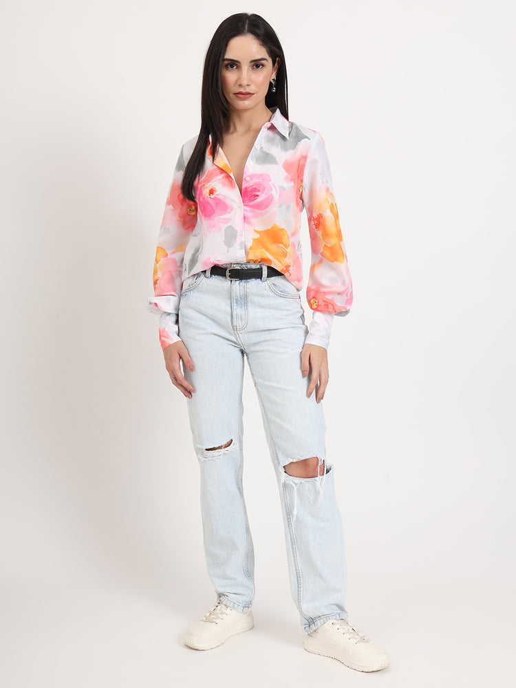 Women'S Premium Micro Multicolour Regular Length Straight Hem Digital Print Shirt