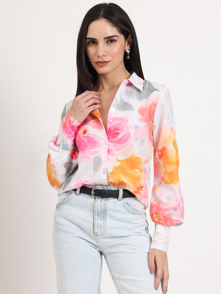 Women'S Premium Micro Multicolour Regular Length Straight Hem Digital Print Shirt