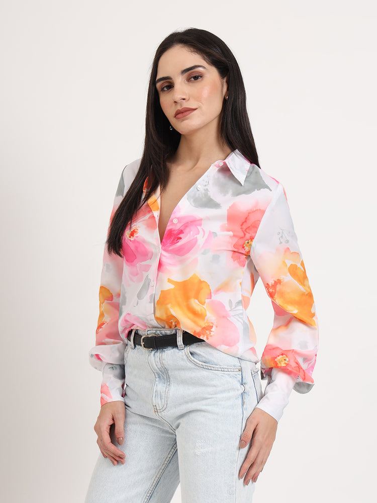 Women'S Premium Micro Multicolour Regular Length Straight Hem Digital Print Shirt