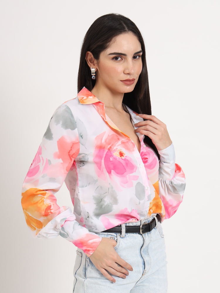 Women'S Premium Micro Multicolour Regular Length Straight Hem Digital Print Shirt