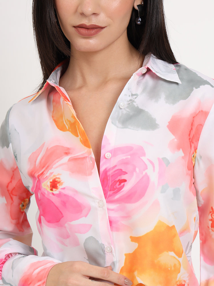 Women'S Premium Micro Multicolour Regular Length Straight Hem Digital Print Shirt