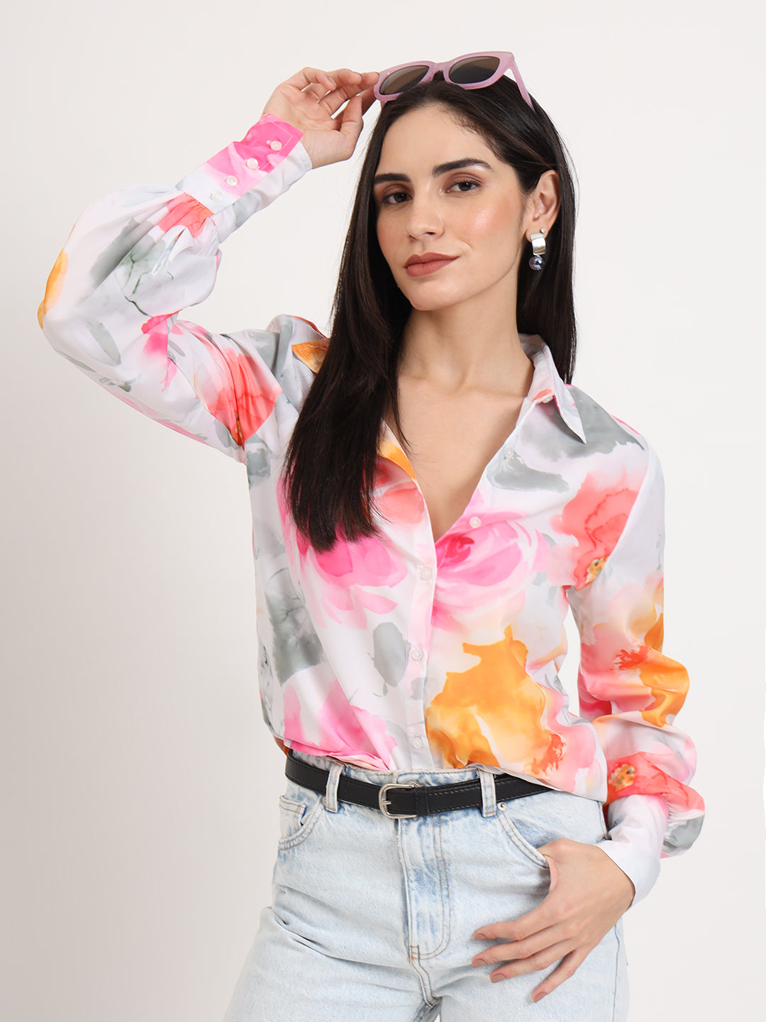 Women'S Premium Micro Multicolour Regular Length Straight Hem Digital Print Shirt