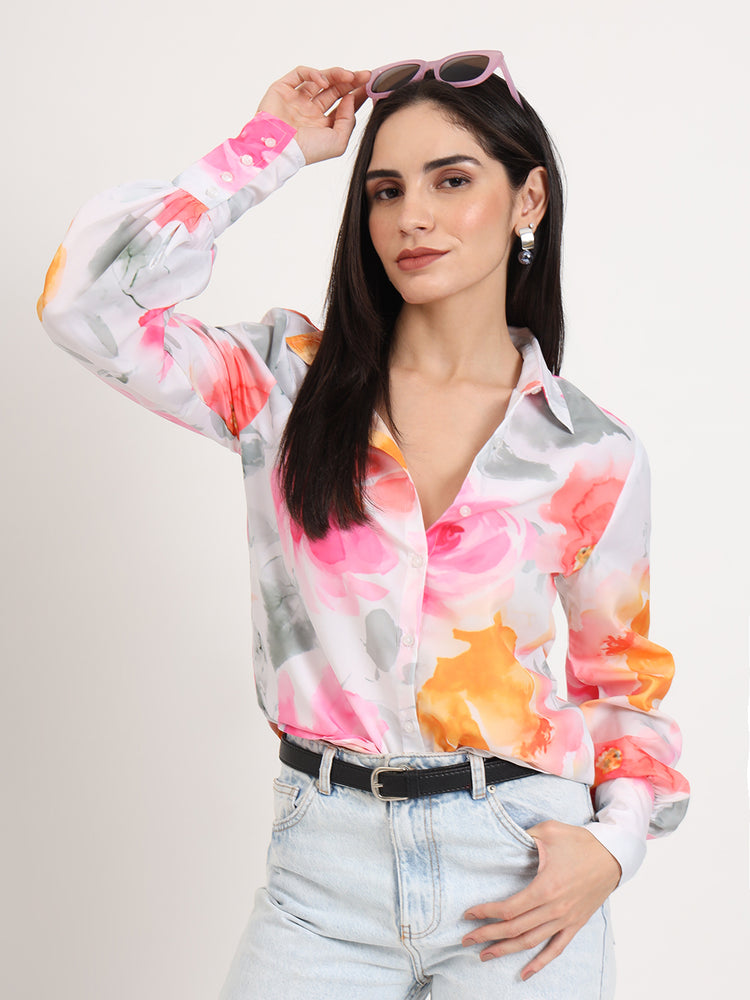 Women'S Premium Micro Multicolour Regular Length Straight Hem Digital Print Shirt