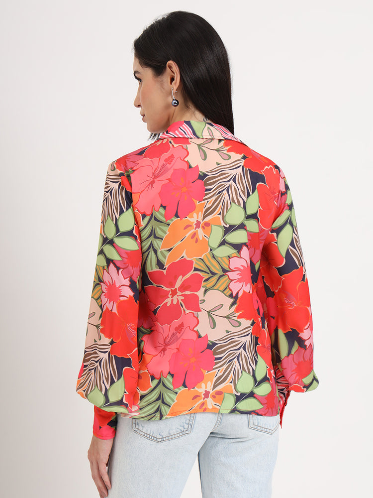 Women'S Luxury Satin Multicolour Regular Length Straight Hem Digital Print Shirt