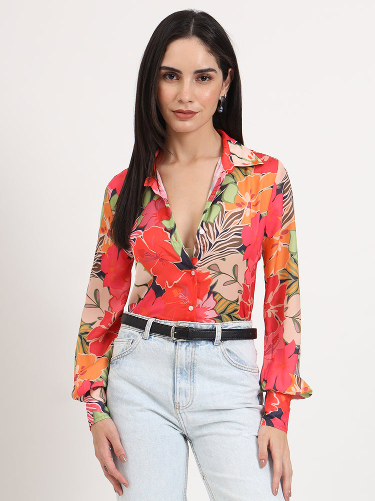 Women'S Luxury Satin Multicolour Regular Length Straight Hem Digital Print Shirt