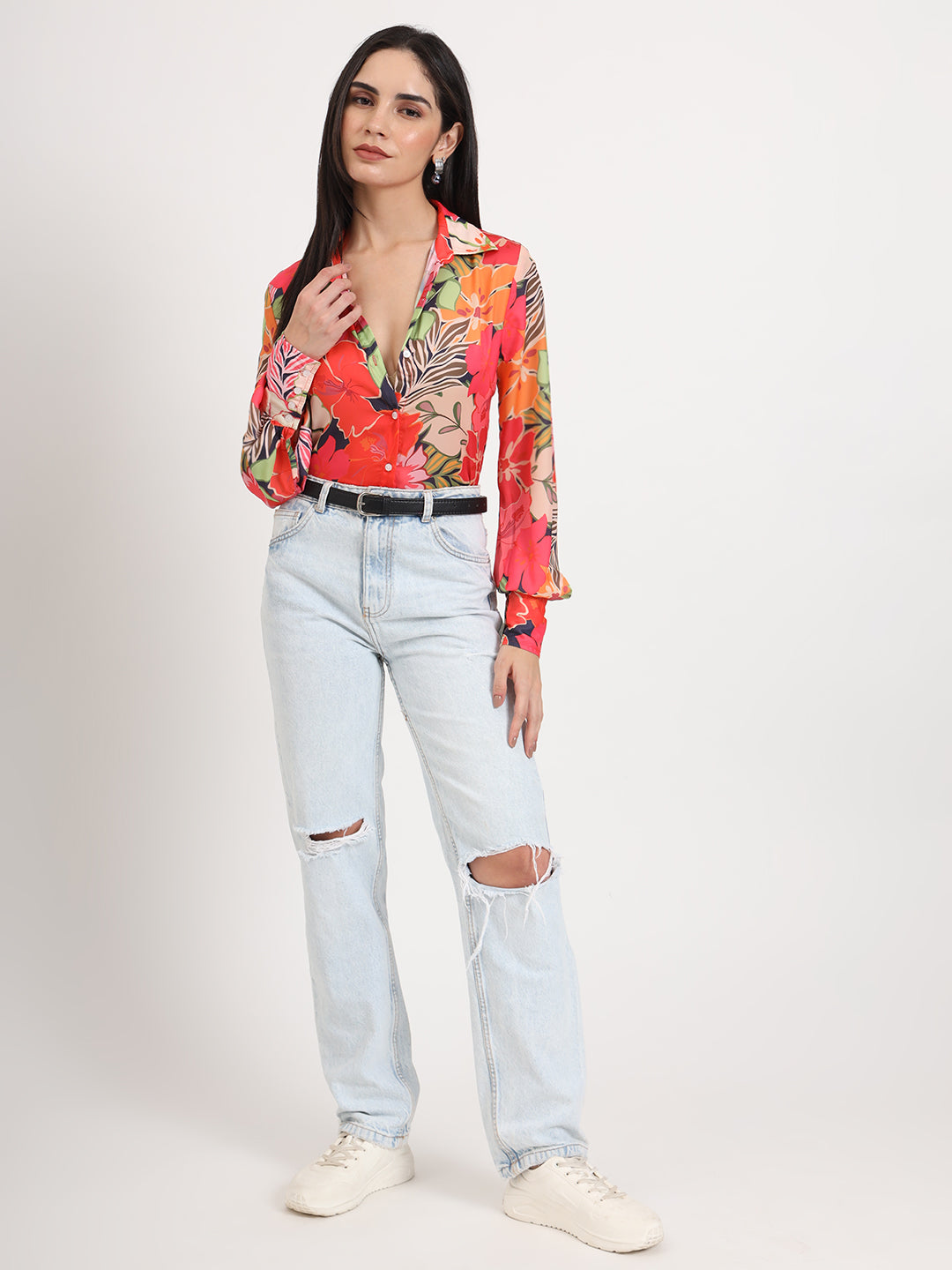 Women'S Luxury Satin Multicolour Regular Length Straight Hem Digital Print Shirt