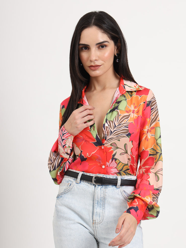 Women'S Luxury Satin Multicolour Regular Length Straight Hem Digital Print Shirt