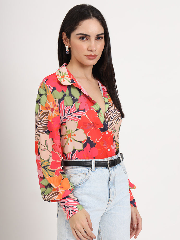 Women'S Luxury Satin Multicolour Regular Length Straight Hem Digital Print Shirt