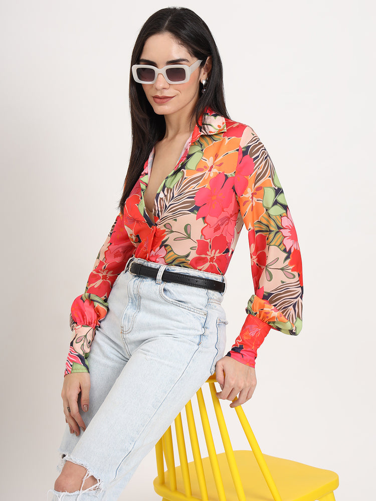 Women'S Luxury Satin Multicolour Regular Length Straight Hem Digital Print Shirt