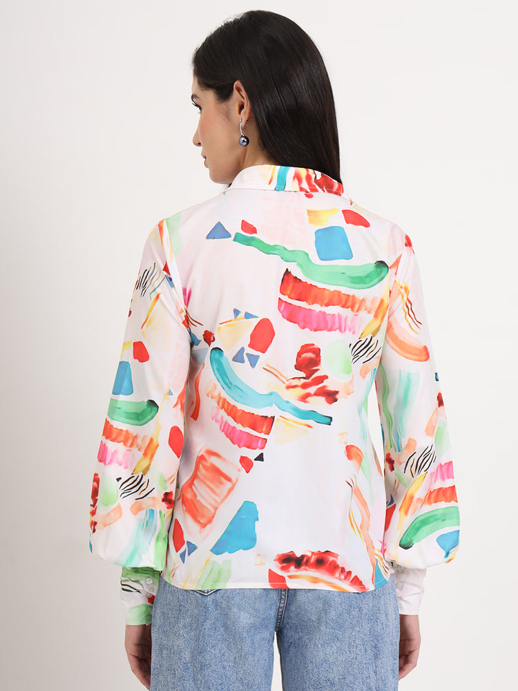 Women'S Premium Micro Multicolour Regular Length Straight Hem Digital Print Shirt