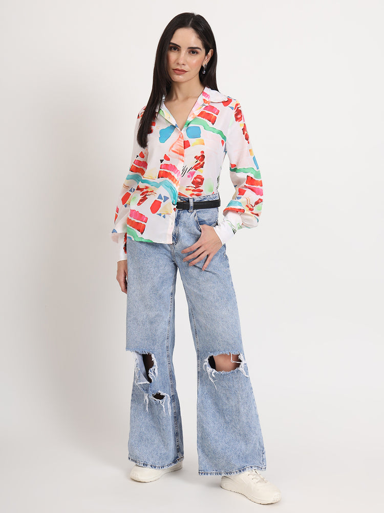 Women'S Premium Micro Multicolour Regular Length Straight Hem Digital Print Shirt