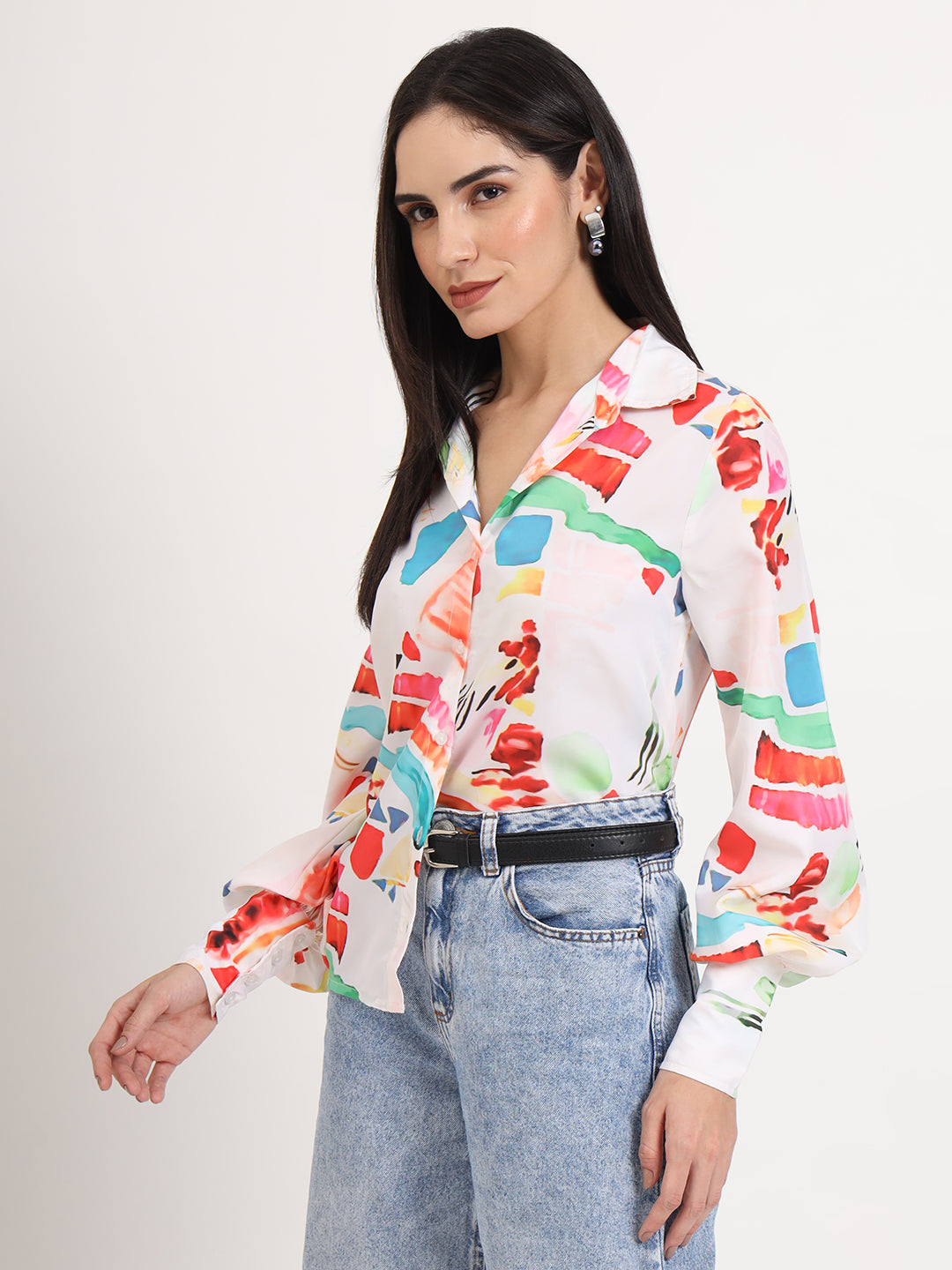 Women'S Premium Micro Multicolour Regular Length Straight Hem Digital Print Shirt