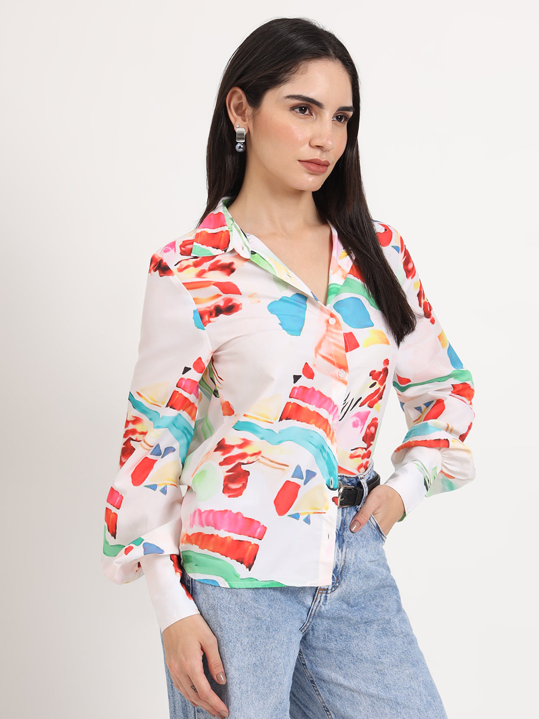Women'S Premium Micro Multicolour Regular Length Straight Hem Digital Print Shirt