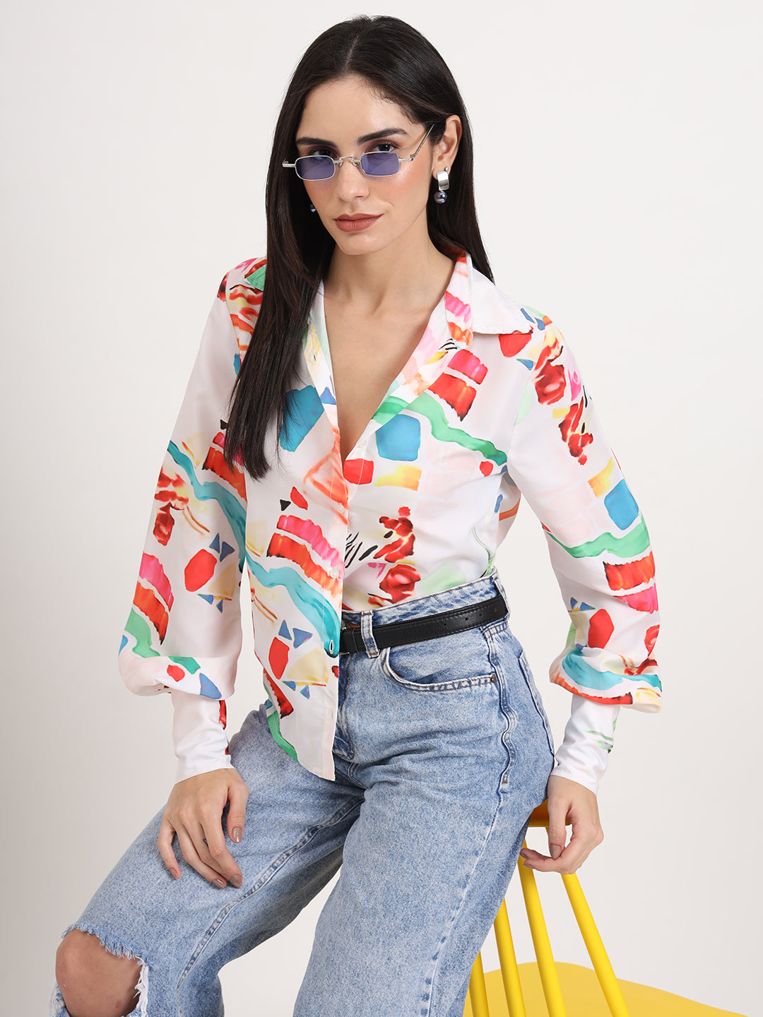 Women'S Premium Micro Multicolour Regular Length Straight Hem Digital Print Shirt