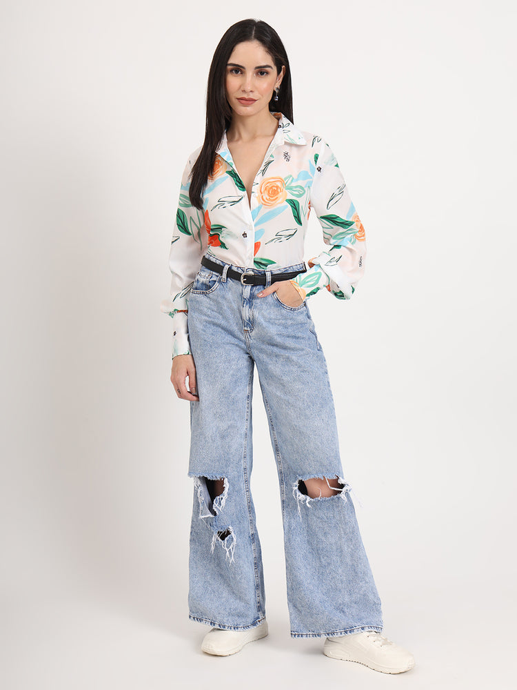 Women'S Premium Micro Multicolour Regular Length Straight Hem Digital Print Shirt