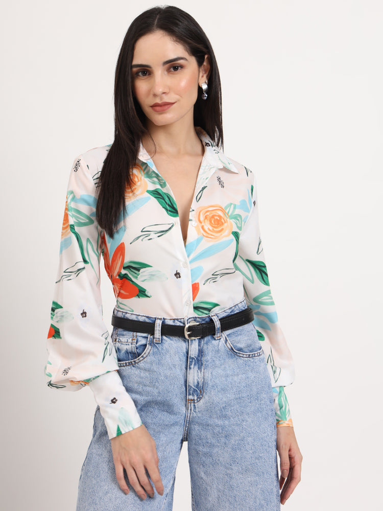 Women'S Premium Micro Multicolour Regular Length Straight Hem Digital Print Shirt