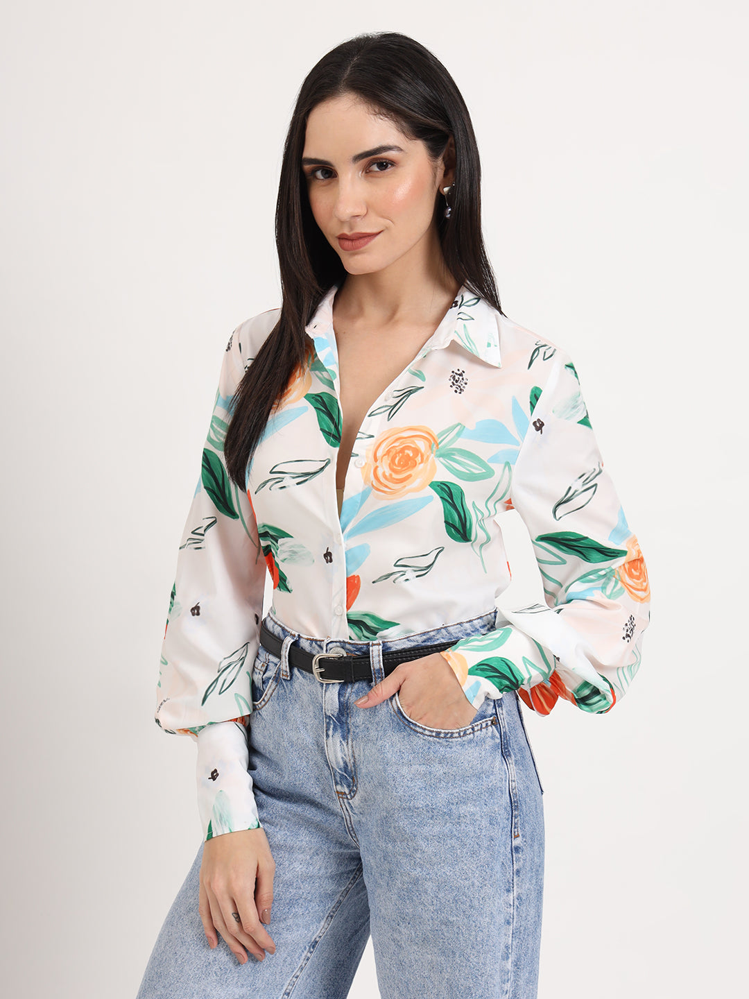 Women'S Premium Micro Multicolour Regular Length Straight Hem Digital Print Shirt
