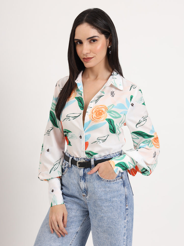 Women'S Premium Micro Multicolour Regular Length Straight Hem Digital Print Shirt