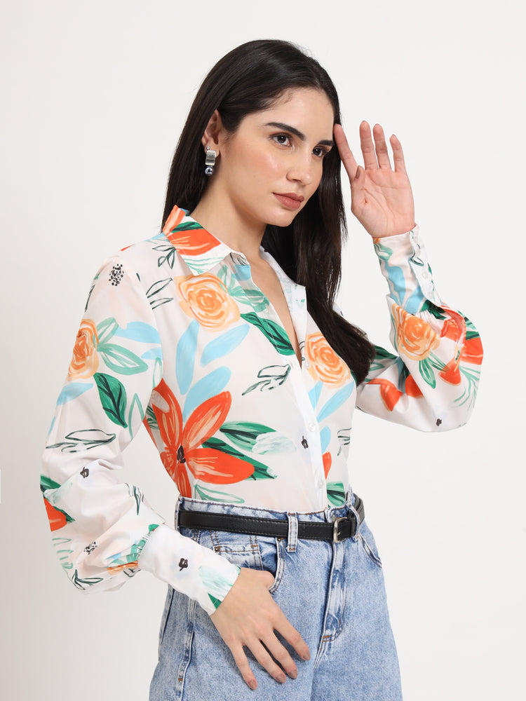 Women'S Premium Micro Multicolour Regular Length Straight Hem Digital Print Shirt