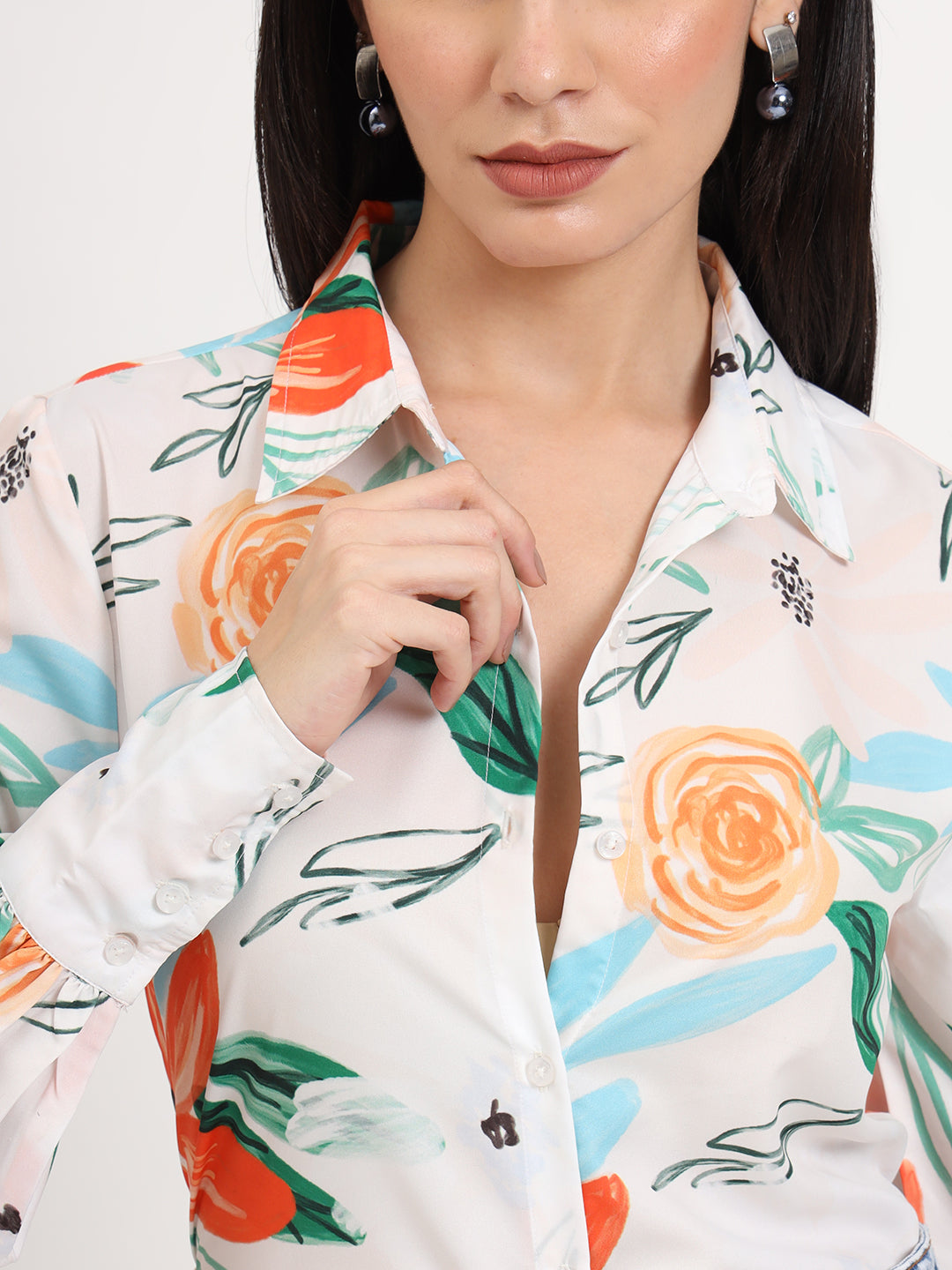 Women'S Premium Micro Multicolour Regular Length Straight Hem Digital Print Shirt