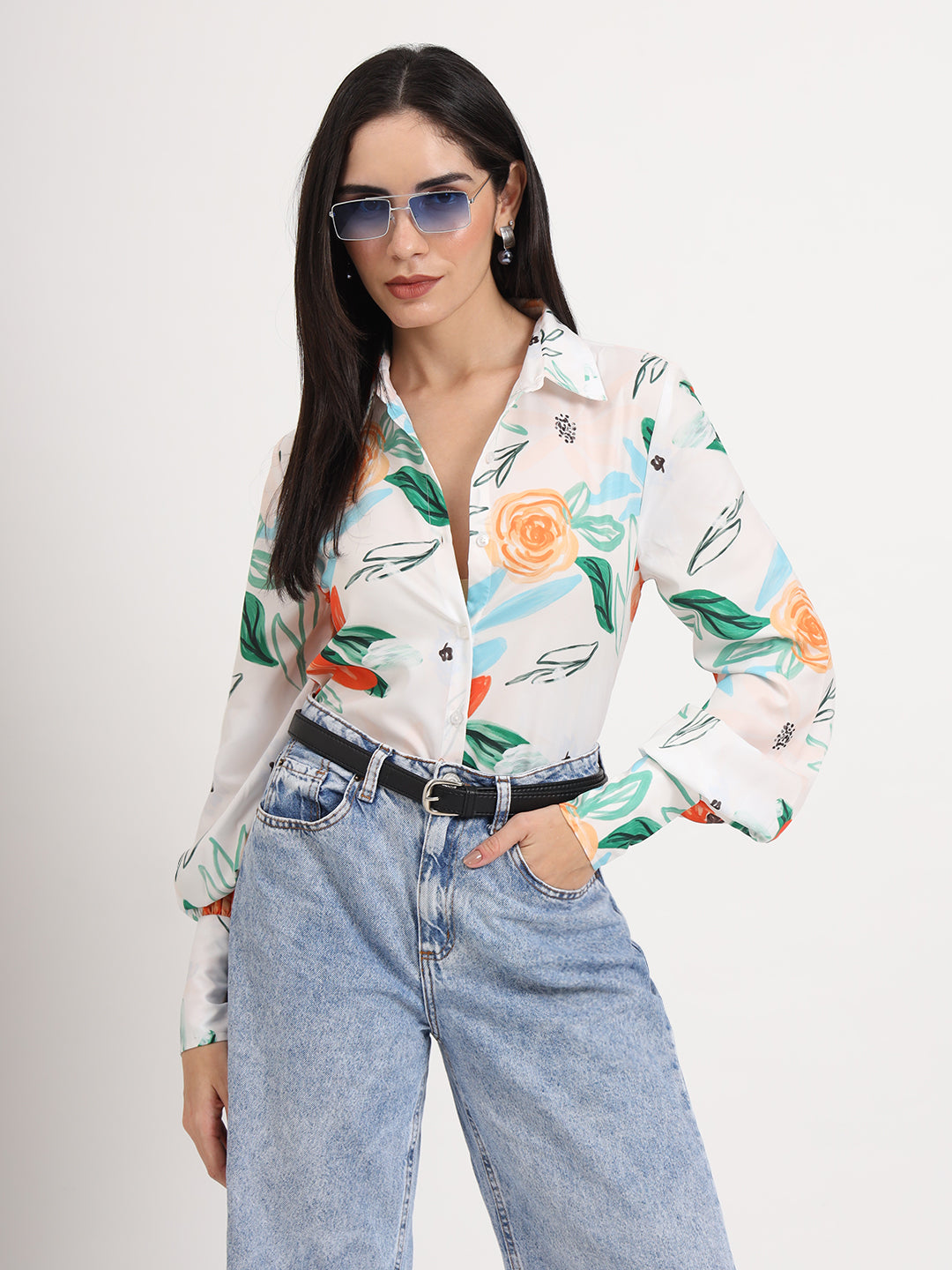 Women'S Premium Micro Multicolour Regular Length Straight Hem Digital Print Shirt