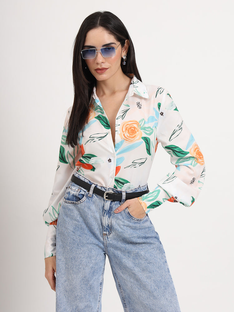 Women'S Premium Micro Multicolour Regular Length Straight Hem Digital Print Shirt