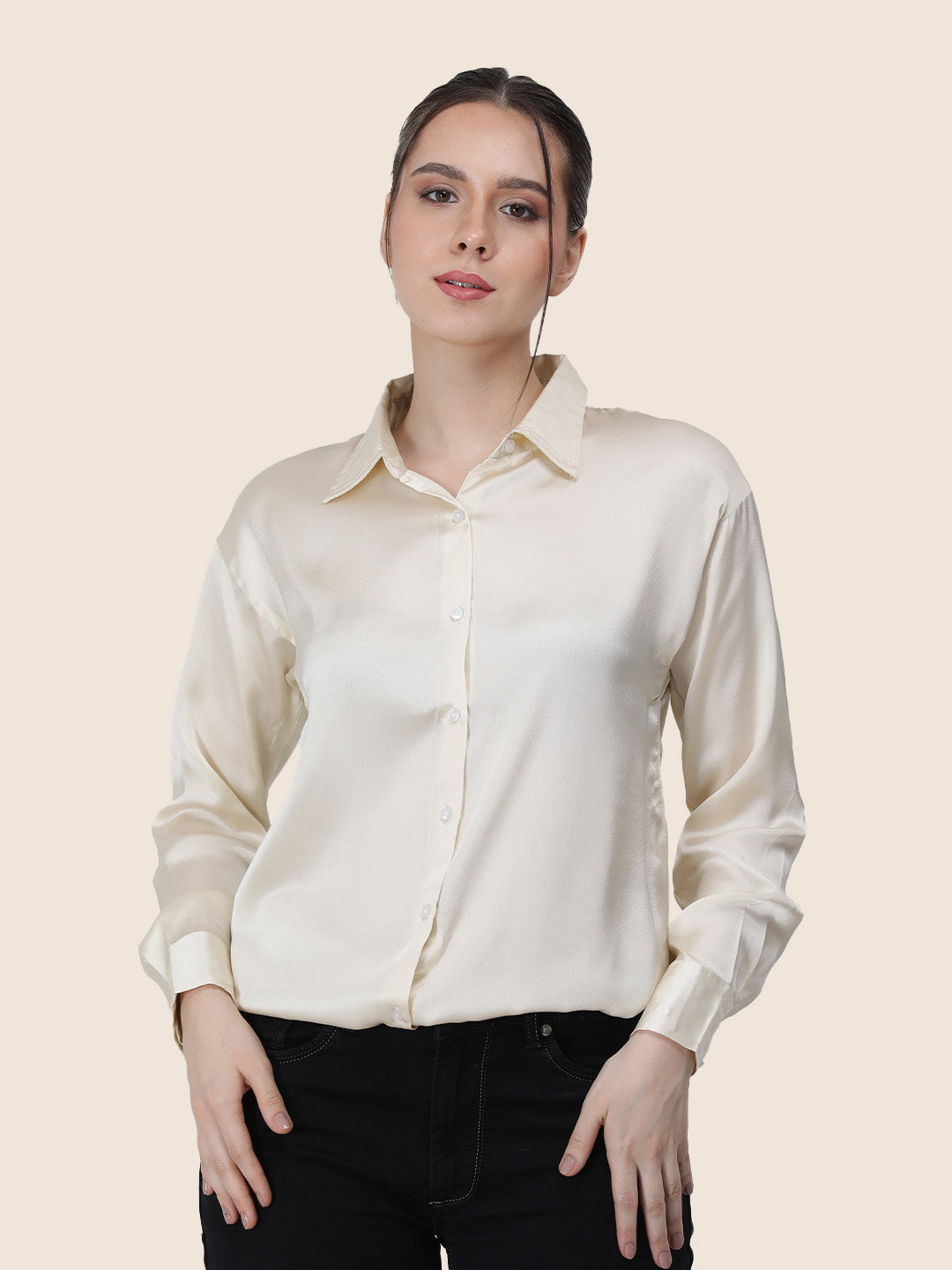 Women'S Premium Off White Regular Fit Solid Satin Shirt