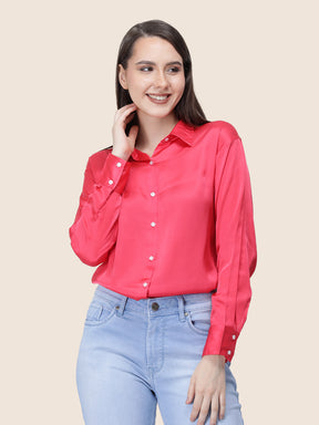 Women's  Premium Ruby Pink Regular Fit Solid Summer Satin shirt