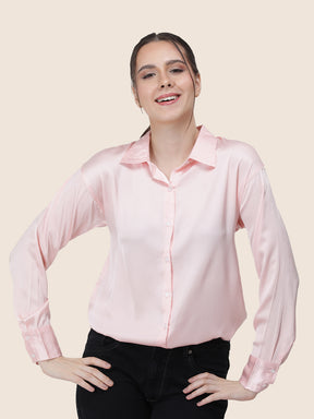 Women's  Premium Soft Pink Regular Fit Solid Summer Satin shirt