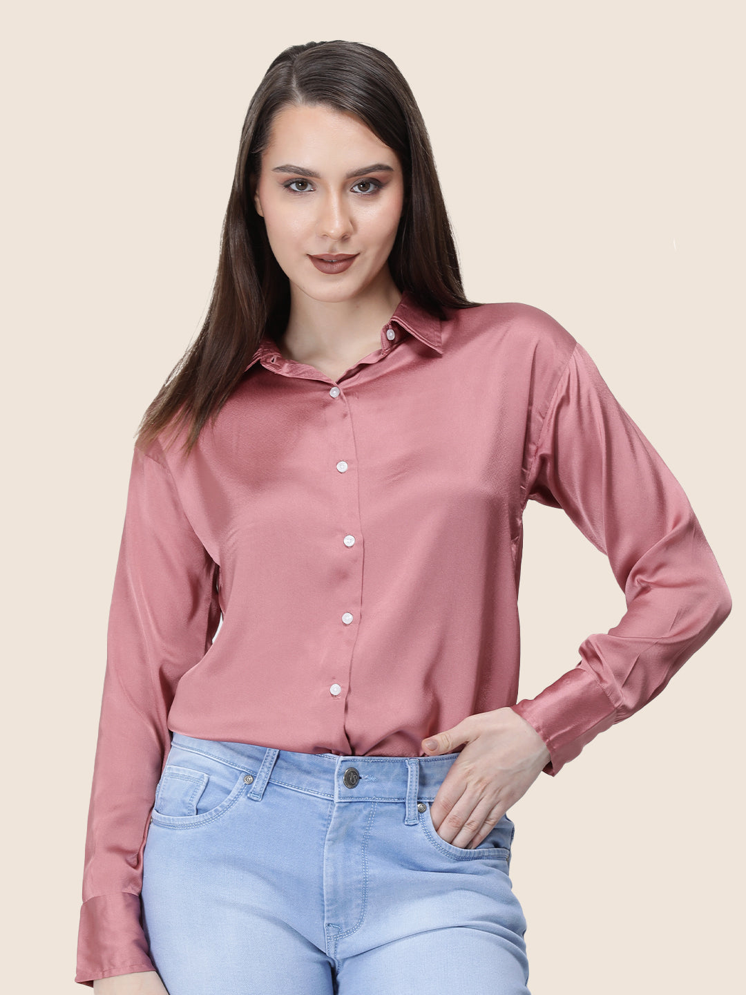 Women's  Premium Rose Pink Regular Fit Solid Summer Satin shirt