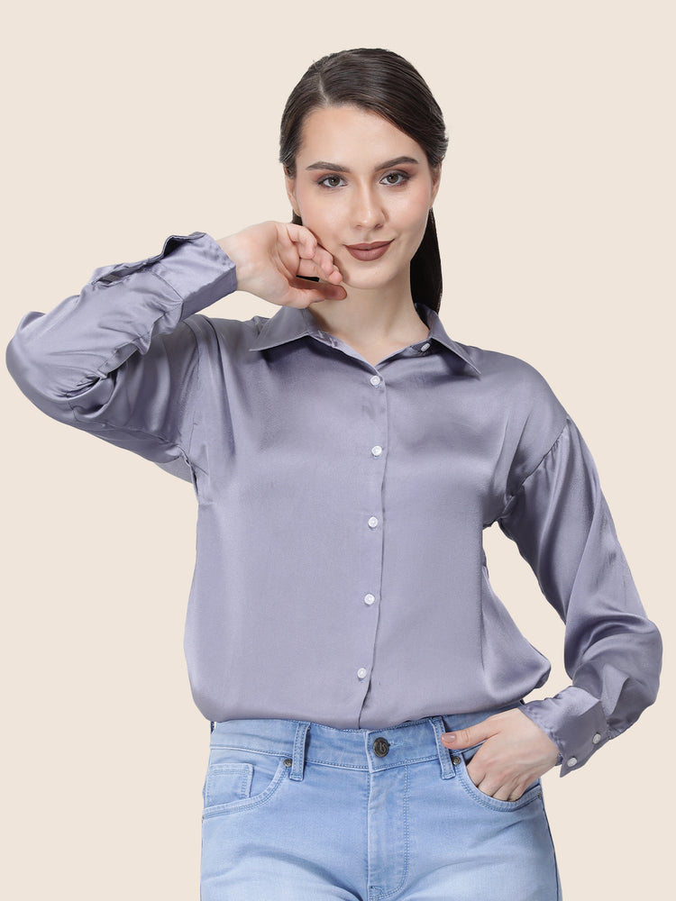 Women's Premium Bluish Grey Regular Fit Solid Satin shirt