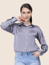 Women's  Premium Bluish Grey Regular Fit Solid Summer Satin shirt