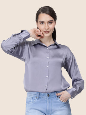 Women's  Premium Bluish Grey Regular Fit Solid Summer Satin shirt