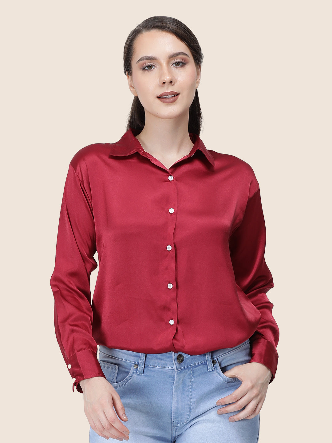 Women'S Premium Maroon Regular Fit Solid Satin Shirt