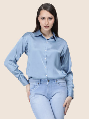 Women's  Premium Steel Blue Regular Fit Solid Summer Satin shirt