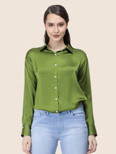 Women's  Premium Olive Regular Fit Solid Summer Satin shirt