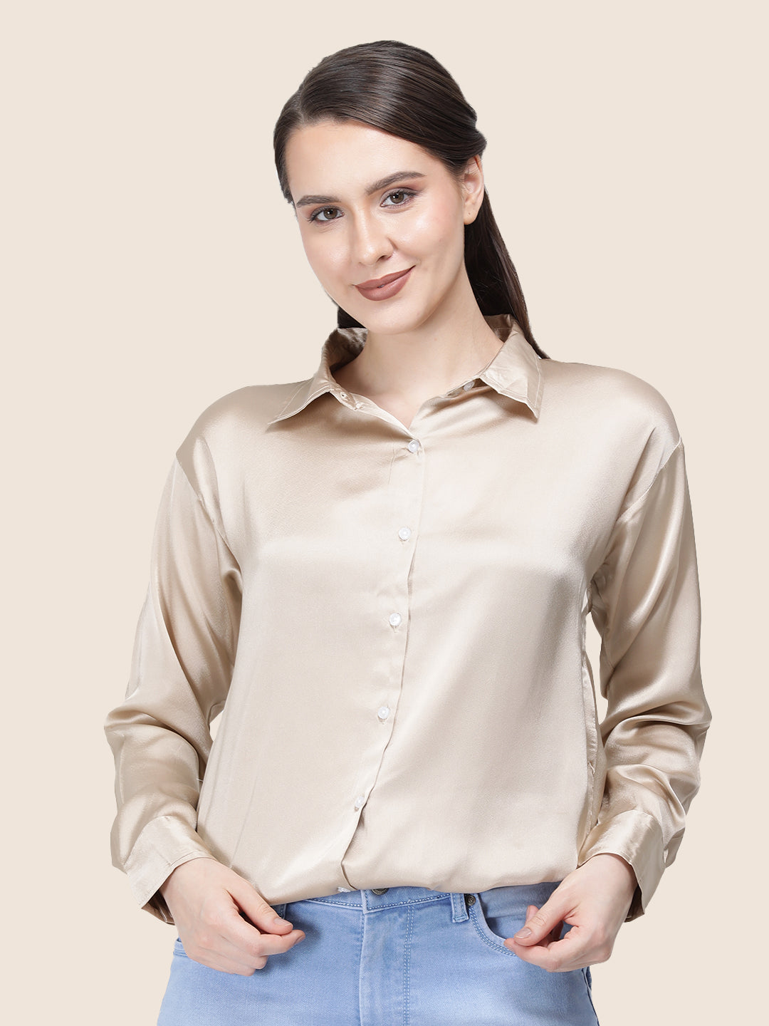 Women's  Premium Champagne Regular Fit Solid Summer Satin shirt