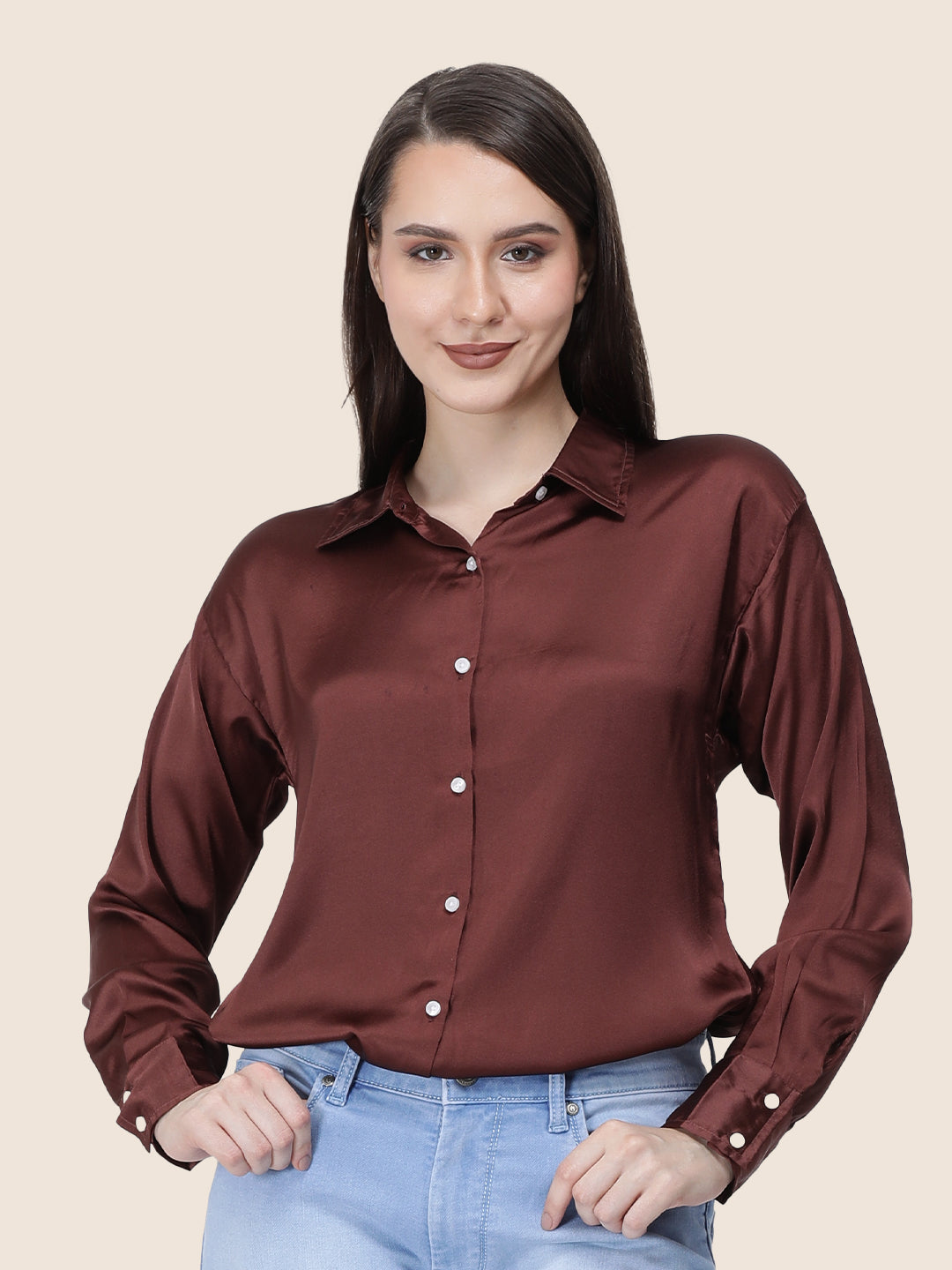 Women's  Premium Chocolate Brown Regular Fit Solid Summer Satin shirt