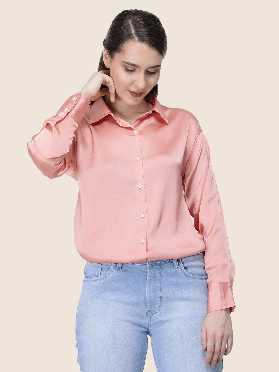 Women's  Premium Peachy Pink Regular Fit Solid Summer Satin shirt