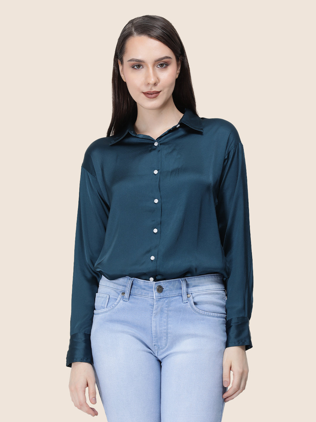 Women'S Premium Deep Teal Regular Fit Solid Satin Shirt