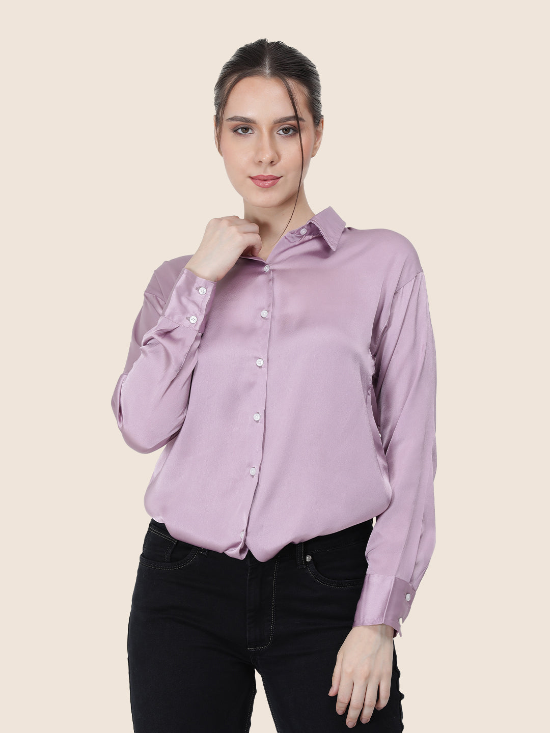 Women's  Premium Lilac Regular Fit Solid Summer Satin shirt