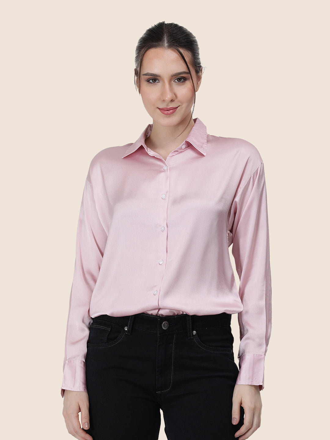 Women's  Premium Light Pink Regular Fit Solid Summer Satin shirt