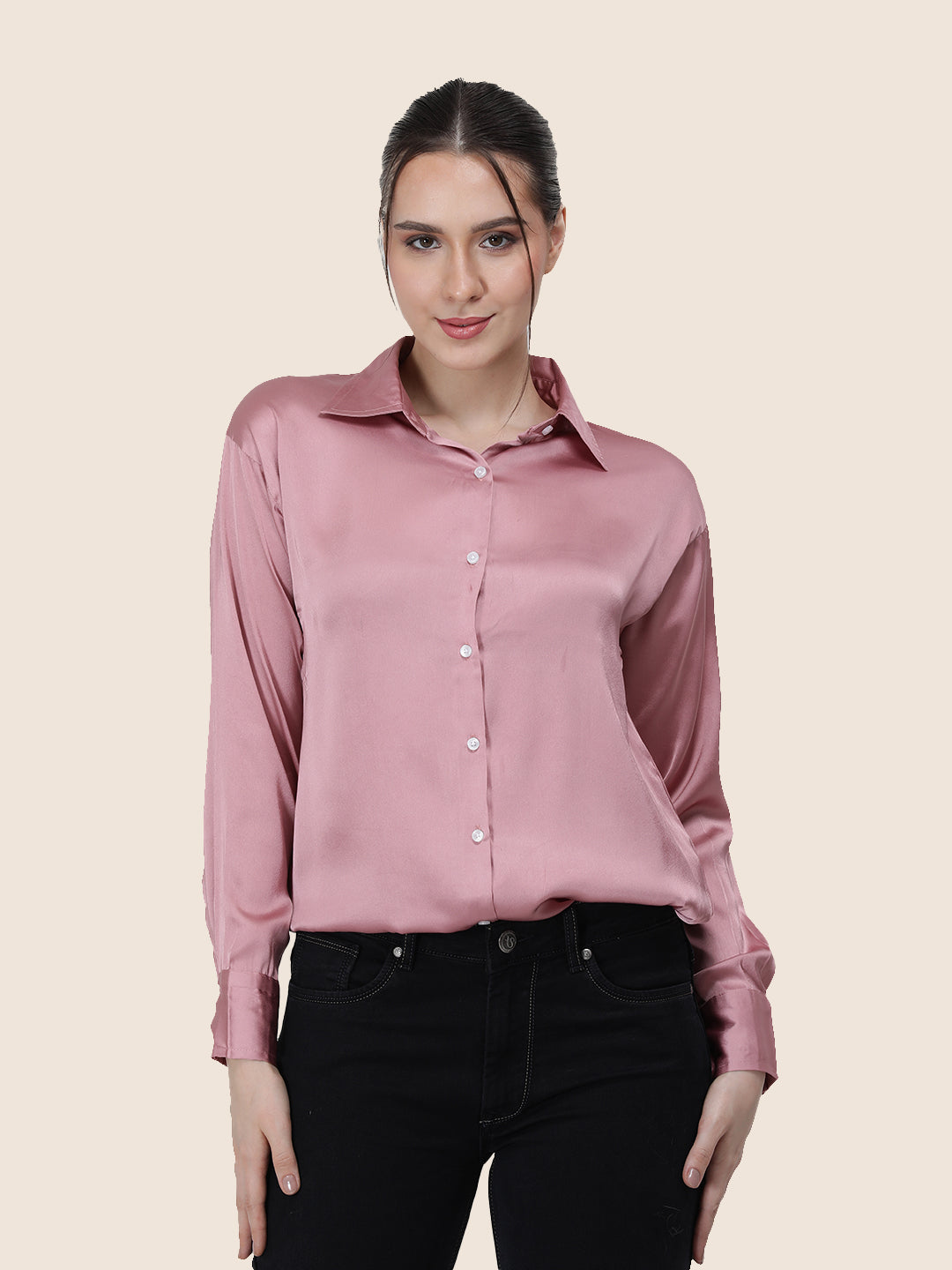 Women'S Premium Blush Pink Regular Fit Solid Satin Shirt