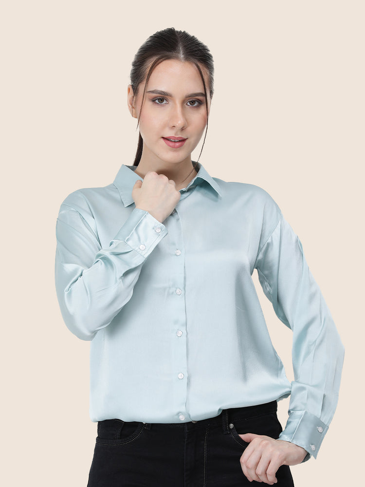 Women's Premium Light Cyan Regular Fit Solid Satin shirt